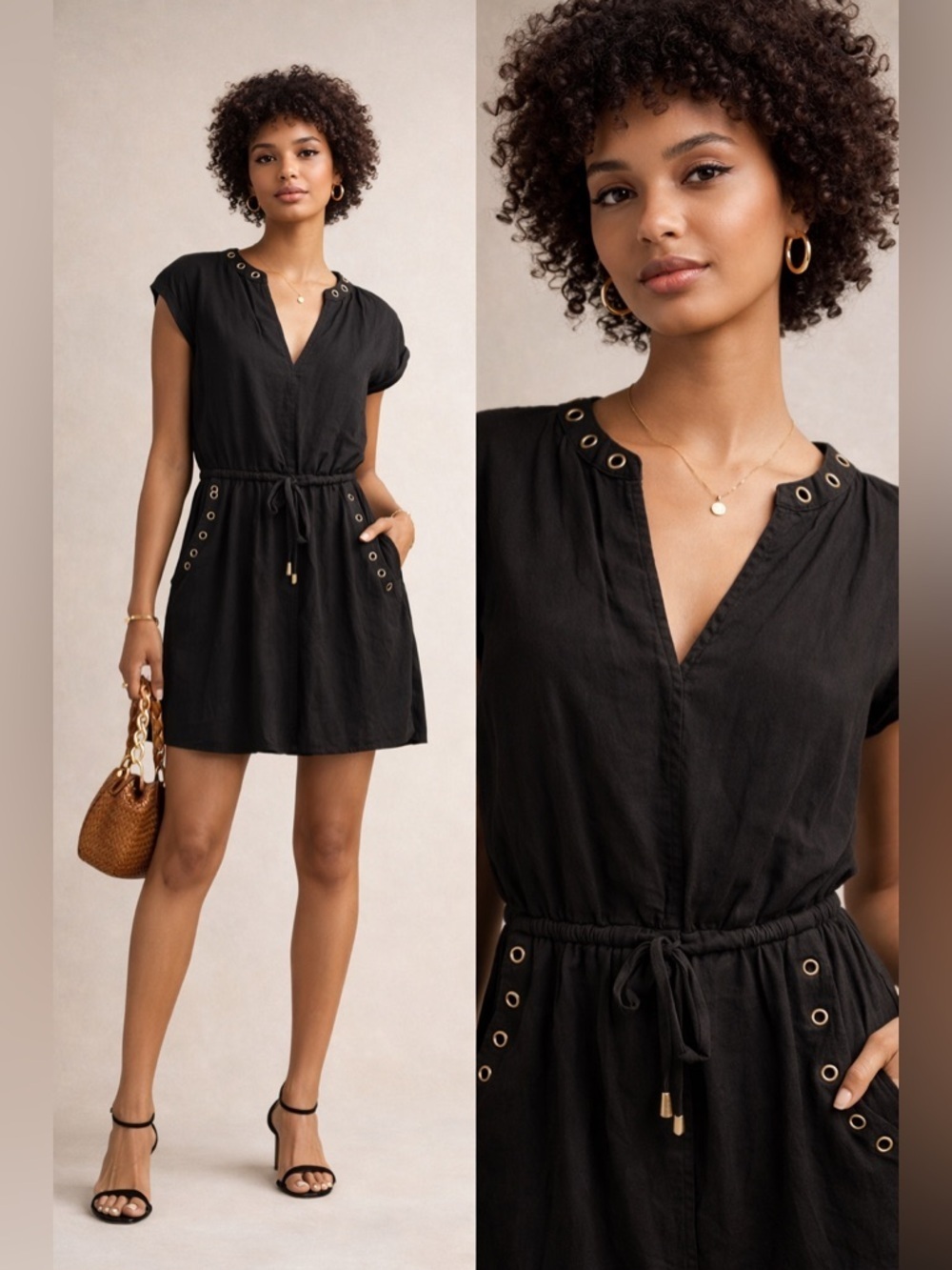 Forever 21 black dress with brass embellishments, pockets in the front size S
